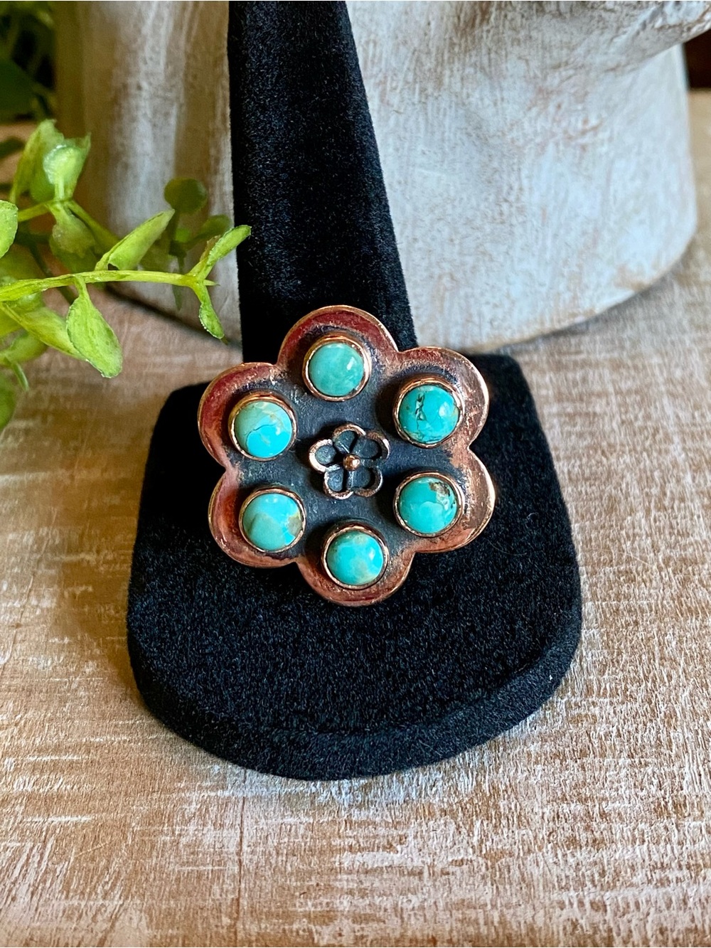 R41 Turquoise copper flower ring southwestern boho rodeo | Size: Adjustable 6-10